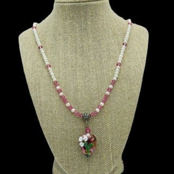 Genuine Fresh Water Pearl Necklace Blown Glass Gardenia Pendant - Picture 1 of 12